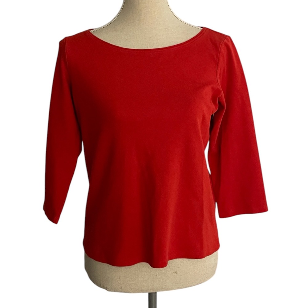 Eileen Fisher Top Womens Small Red 3/4 Sleeve Boat Neck Cotton Jersey Shirt